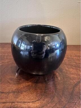 Vintage Black Glaze Redware Vase Succulent Planter Pot Italy